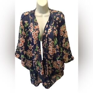 Floral Kimono Sheer Blue Pink Open Concept Short Sleeve Flowing Summer Sz M